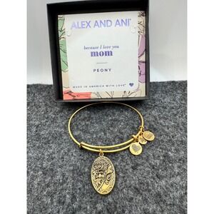 Alex and Ani Mom Peony Charm Bangle Bracelet Rafaelian Gold Finish Adjustable